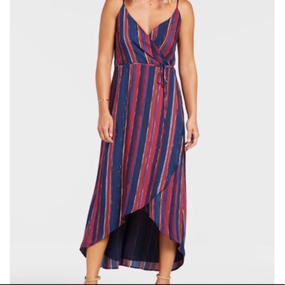 NWT Evereve Breave Cyrene Multistripe High Low Wrap Dress bh.